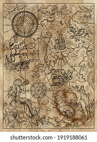 Textured Marine Illustration Of Map With Mermaid, Islans, Continent, Ship, Compass And Sea Monsters.  Nautical Drawing, Adventure Concept, Engraved Background