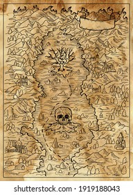Textured marine illustration with map of treasure island, skull and unknown land. Nautical drawing, adventure concept, engraved background