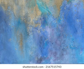 A Textured, Mixed Media Abstract Acrylic Painting In Blues, Purples, And Sandy Gold. Sandy Texture At The Top Adds To The Depth.