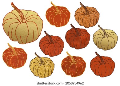 Textured Pumpkins With Glitter Outline. Autumn Clip Art Pack