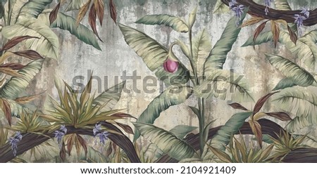 a textured shabby background that depicts the tropics, which depicts leaves, branches, ferns, large branches, winds