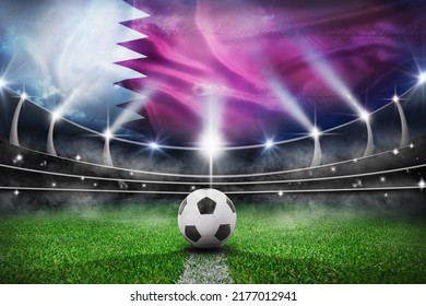 textured soccer game field with a soccer ball on the line in Qatar - center, midfield. 3D Illustration. - Powered by Shutterstock