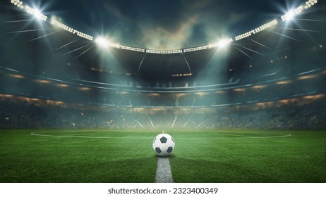 textured soccer game field me soccer ball in the middle - center, midfield. 3D Illustration - Powered by Shutterstock