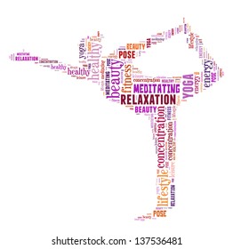 text/word cloud/word collage composed in the shape of a woman doing yoga meditation pose (woman fitness series)