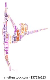 text/word cloud/word collage composed in the shape of a woman doing yoga meditation pose (woman fitness series)