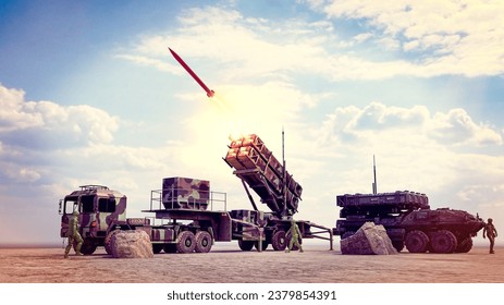 THAAD missile defence system. The Terminal High Altitude Area Defence (THAAD) system targets incoming ballistic missiles in their terminal phase. Target is destroyed using kinetic energy. 3d rendering
