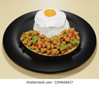 Thai Basil Chicken With Fried Egg   3d Model In Cartoon Style. 