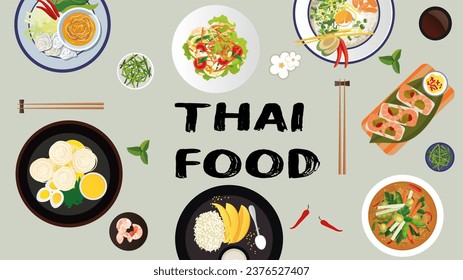 Thai food top view vector illustration. Thai menu design template. Hand drawn sketch. Thai food menu. Vintage style. Cooking food ingredients. Thai dishes. Food experience. World Cuisine. - Powered by Shutterstock