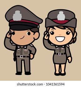 Thai police officer, policeman in his uniform man and woman. Cute Cartoon style, illustration in a flat style? on light brown background, Clipping Path included 