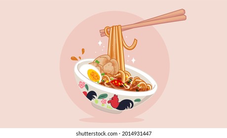 Thai pork noodle with egg and meatball Thai style bowl. pair of chopsticks cartoon art illustration