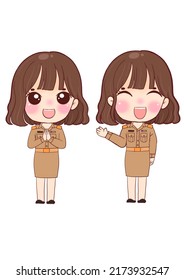 Thai Teacher, Thai Civil Servant, Khaki Dress, Cute Cartoon Woman