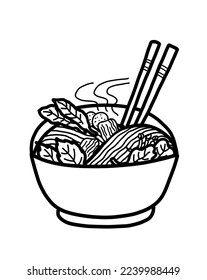 Thai Vietnamese style yellow noodle soup and meat   vegetable in bowl  Healthy Asian food cuisine concept  Black   white line drawing 