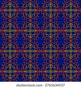 Thai-Inspired Seamless Pattern with 3D Depth and Mirror-Like Effect in Yellow Red Blue
