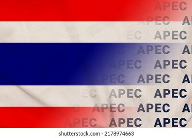 Thailand flag in APEC symbol union THA transborder political communication. Editorial illustration.  Bangkok , Thailand, 04.04.2021, 3d image