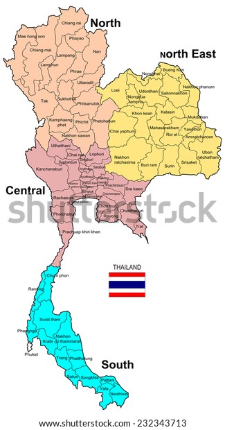 Thailand Map 4 Regions 77 Provinces Stock Illustration 232343713