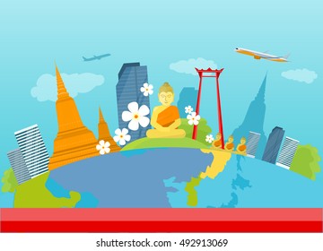 Thailand travelling banner. Landscape with traditional Thai landmarks. Skyscrapers and private buildings. Nature and architecture. Part of series of travelling around the world.  illustration