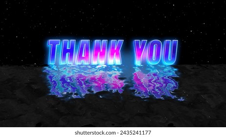 Thank You 80s retro futuristic neon glow cyberpunk color video text outro isolated on ocean wave and stars burst particle black background. 4k Thank You end screen artwork illustration. - Powered by Shutterstock