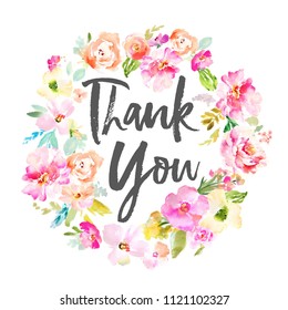 Thank You Calligraphy Text Watercolor Flower Stock Illustration 1121102327