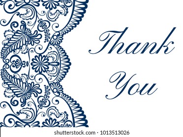 Thank you card with blue lace border on white background