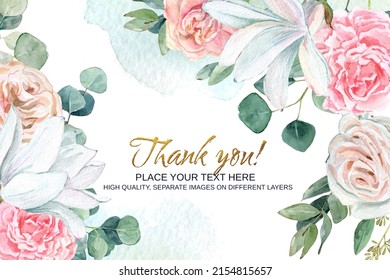 Thank you card. Ready Background with watercolor flowers and eucalyptus - Powered by Shutterstock