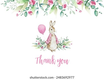 Thank you card with watercolor pink Peter rabbit, baby shower - Powered by Shutterstock