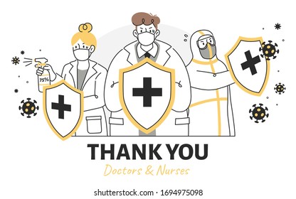 Thank You Note For Healthcare Workers In Cute Flat Style, With 3 Professional Doctors Holding Shields To Fight The Coronavirus