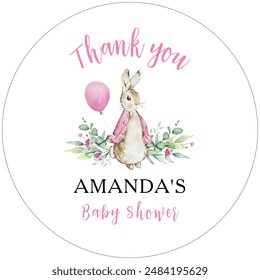 Thank you sticker with watercolor pink Peter rabbit, baby shower - Powered by Shutterstock