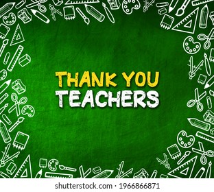 Thank You Teacher greeting card for World Teacher's day concept. School supplies illustration icon on green chalkboard. - Powered by Shutterstock