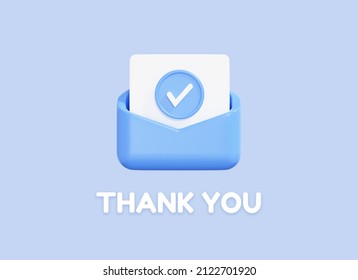 Thank you web banner template with letter envelope and check mark. Online voting, email confirmations, completed order. Thank you for purchase. Mail concept. Isolated on blue background. 3D Rendering