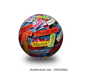 Thank You Word Cloud printed on colorful  paper different languages 3d ball