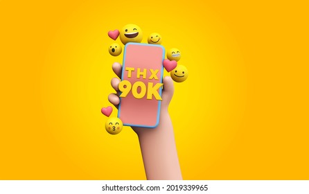 Thanks 90k social media supporters. cartoon hand and smartphone. 3D Render. - Powered by Shutterstock