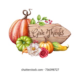 Thanksgiving Card Design, Give Thanks Handwritten Text, Wooden Banner, Board, Pumpkins, Flowers, Farm Harvest, Watercolor Illustration, Autumn, Fall Holiday Clip Art Isolated On White Background