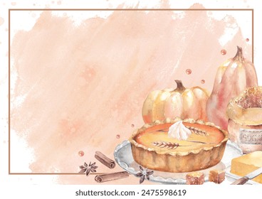 Thanksgiving day banner. Festive background with pumpkin pie, ingredients and whole pumpkins . Thanksgiving card. Hand drown watercolor illustration. - Powered by Shutterstock