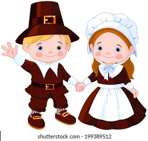 Thanksgiving Day Children Pilgrim Couple Vector Stock Vector (Royalty ...