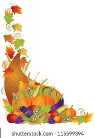 Thanksgiving Day Fall Harvest Cornucopia Pumpkin Eggplant Grapes Corns Apples With Leaves And Twine Border Raster Vector Illustration