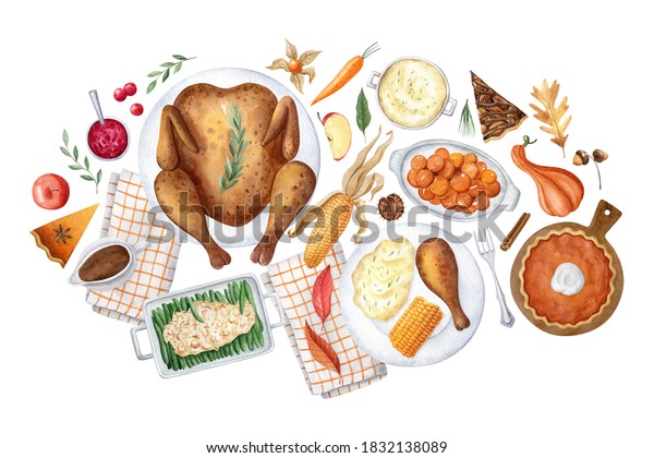 Thanksgiving day\
flat lay watercolor illustration isolated on white background.\
Thanksgiving dinner hand drawn composition, perfect for\
invitations, greeting cards,\
flayers.
