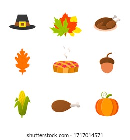 Thanksgiving day icon set with pumpkin,pie,turkey,leaf,acorn, hat, corn isolated on a white background