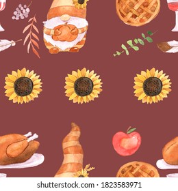 Thanksgiving day seamless pattern  Sunflower  turkey  pumpkin  fall Watercolor digital paper  background  seamless paper  for packaging  fabric printing  stationary  scrapbooking   more  Hand drawn 