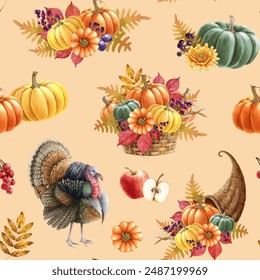 Thanksgiving decor elements seamless pattern in warm colors. Watercolor vintage style illustration. Traditional Thanksgiving floral decoration, cornucopia, turkey bird, pumpkins seamless pattern - Powered by Shutterstock