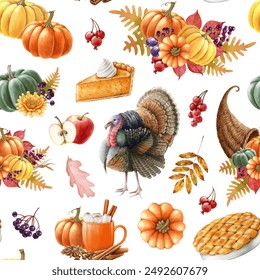 Thanksgiving decor elements seamless pattern in warm colors. Watercolor vintage style illustration. Traditional Thanksgiving decoration, apple pie, turkey bird, flowers seamless pattern - Powered by Shutterstock