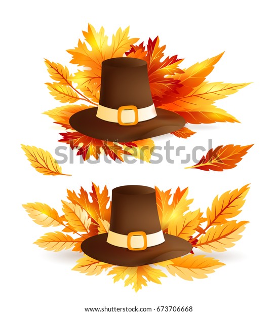 Thanksgiving design elements. Pilgrim hat\
with fall leaves. Autumn holiday\
decorations.