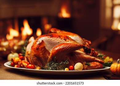 Thanksgiving diner with turkey, autumn vegetables, pumpkins, spices, onions, garlic, warm light and candles, 3d rendering - Powered by Shutterstock