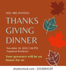 Thanksgiving dinner invitation with a rust-orange background, vibrant autumn leaves, and bold teal text. Features event details and a warm message, perfect for adding charm to seasonal gatherings - Powered by Shutterstock