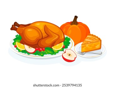 Thanksgiving dinner with roasted turkey and pumpkin pie illustration. Roasted turkey with garnish on a plate and a piece of sweet pie icon isolated on a white background - Powered by Shutterstock