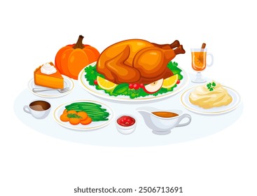 Thanksgiving dinner with roasted turkey, vegetables, mashed potatoes, pumpkin pie, gravy, cranberry illustration. Thanksgiving dinner foods menu icon set. Roasted turkey with garnish on a plate - Powered by Shutterstock