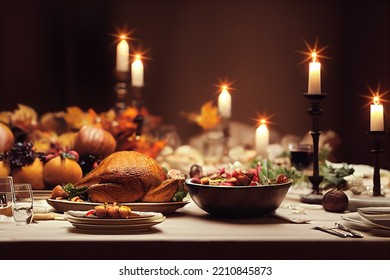 Thanksgiving dinner table filled with food, roasted turkey, baked potatoes, vegetables, candles, plates, pumpkin and copyright space, horizontal, 3d illustration - Powered by Shutterstock