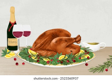 Thanksgiving dinner turkey background, Christmas food illustration. Thanksgiving turkey illustration. Thanksgiving food drawing, turkey dinner illustration. Autumn food. - Powered by Shutterstock