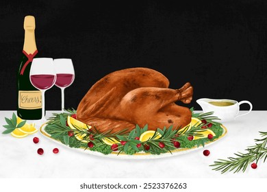 Thanksgiving dinner turkey background, Christmas food illustration. Thanksgiving turkey illustration. Thanksgiving food drawing, turkey dinner illustration. Autumn food. - Powered by Shutterstock