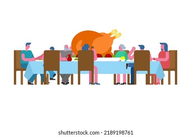 Thanksgiving family dinner. Turkey on big table. Traditional Autumn holiday. Relatives eat. Father and mother. Grandmother and grandfather. 
 - Powered by Shutterstock