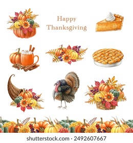 Thanksgiving festive decor elements set. Watercolor vintage style illustration. Hand drawn autumn floral decor, apple pie, cornucopia, turkey, food, drinks. Thanksgiving elements on white background - Powered by Shutterstock